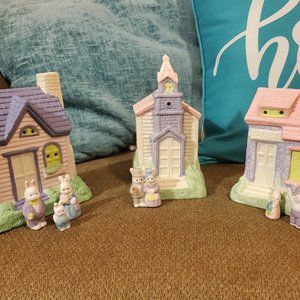 10 PC Lighted Ceramic Village set Easter Spring